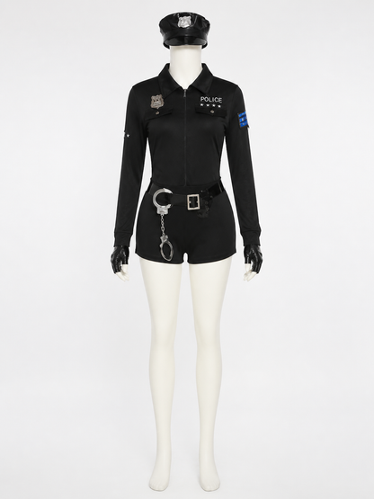 Women's Black Police Jumpsuit Costume Set with Hat, Belt, Gloves and Handcuffs Costume Headwear detail 3