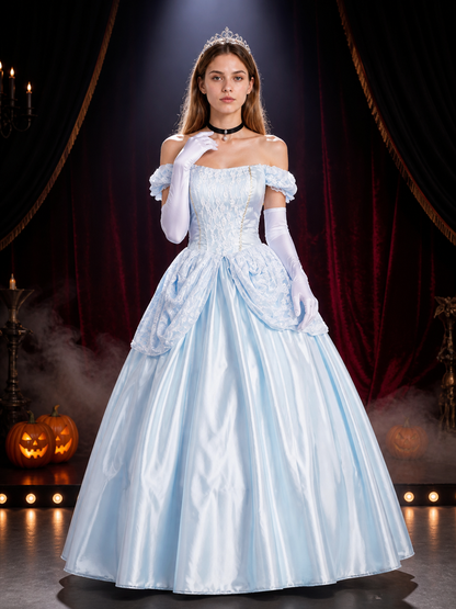 Women's Off Shoulder Princess Costume Set with Crown & Gloves for Halloween Costume Headwear detail 3