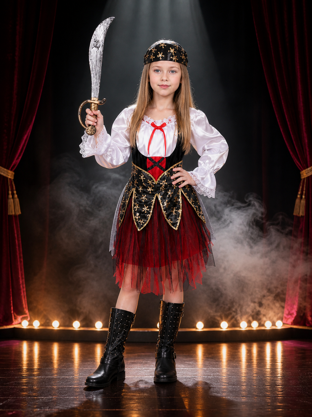 Kids Pirate Costume Set with Skull Print, Layered Skirt & Hat - Halloween Costume Headwear detail 3