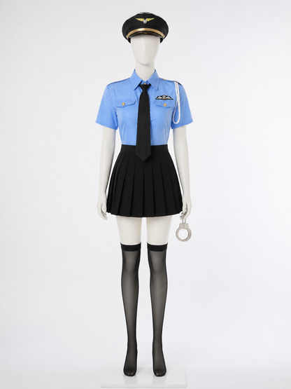 Women's Police Officer Costume Set with Light Blue Top, Pleated Skirt, Hat and Costume Headwear detail 3