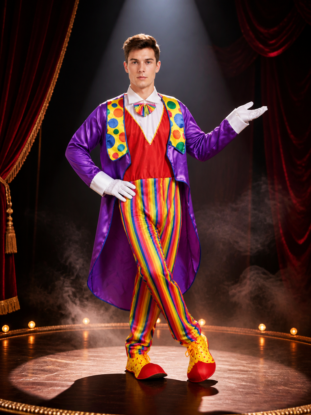 Adult Unisex Clown Halloween Costume Set with Colorful Striped Jumpsuit and Costumes detail 3