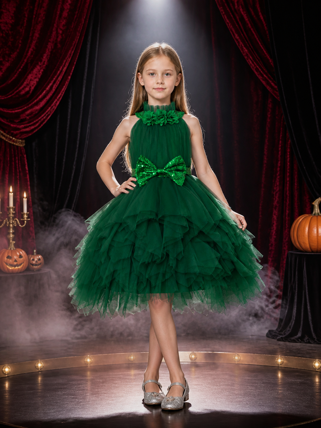 Girls' Christmas Princess Dress, Dark Green Sequined Bow, Layered Tulle Skirt Costume Dresses detail 3