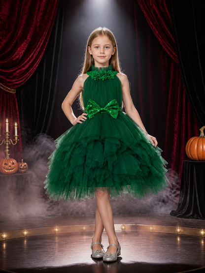 Girls' Christmas Princess Dress, Dark Green Sequined Bow, Layered Tulle Skirt Costume Dresses detail 3