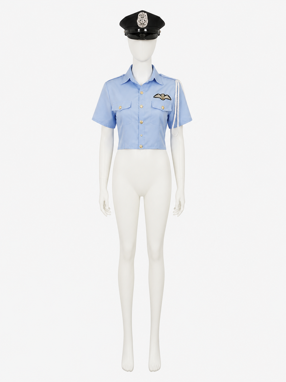 Women's Sexy Police Costume Set - Light Blue Uniform Top with Black Hat and Costume Headwear detail 3