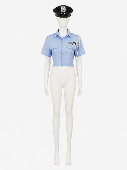 Women's Sexy Police Costume Set - Light Blue Uniform Top with Black Hat and Costume Headwear detail 3