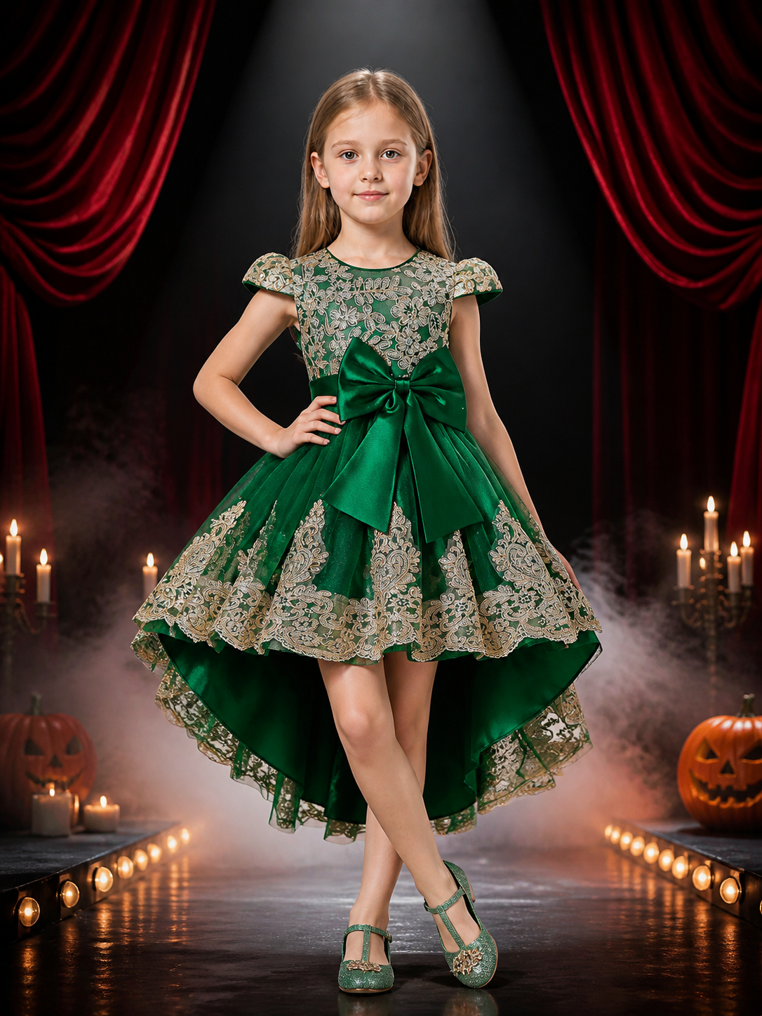 Girls' Dark Green Princess Dress with Gold Lace Embroidery, Bow and Train Costume Dresses detail 3