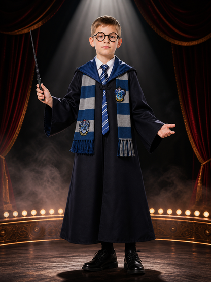 Kids Wizard Costume Set, Long Black Robe With Shawl Collar, Includes Tie, Scarf Costumes detail 3