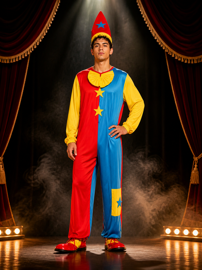 Unisex Clown Jumpsuit Costume Set With Pointed Hat And Star Decorations For Costume Headwear detail 3