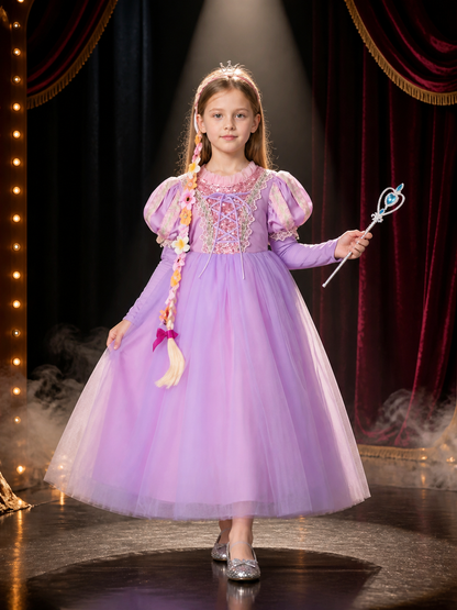 Girls Princess Costume Dress, Puffy Sleeve Tulle Ball Gown with Gold Lace Trim Costume Dresses detail 3