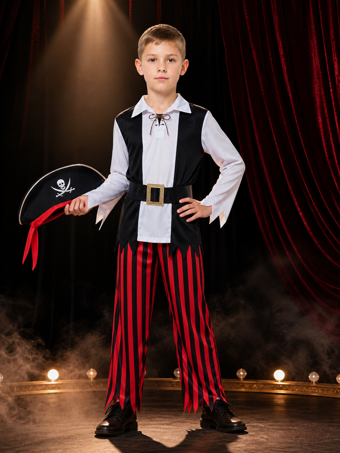 Boy's Pirate Costume Set with Skull and Crossbones Hat and Belt Costume Headwear detail 3