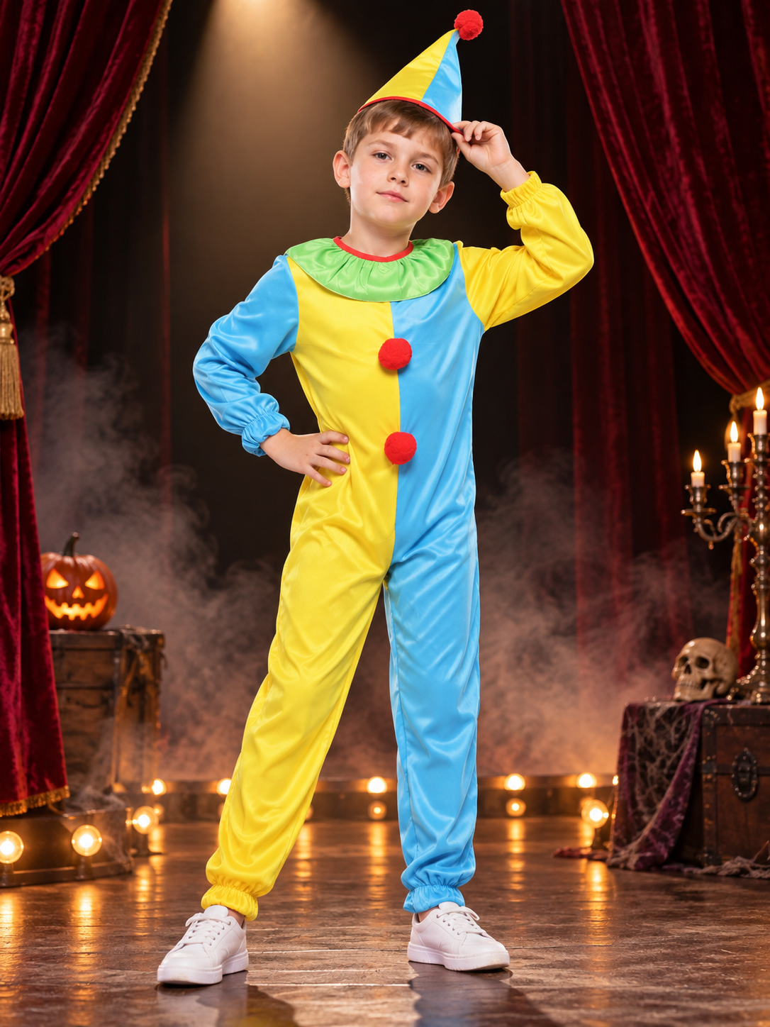 Kids' Clown Costume: Jumpsuit and Hat, Blue and Yellow