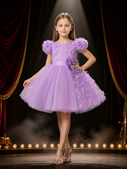 Girls' Light Purple Butterfly Princess Dress, 3D Flower Mesh Tutu Outfit Costume Dresses detail 3
