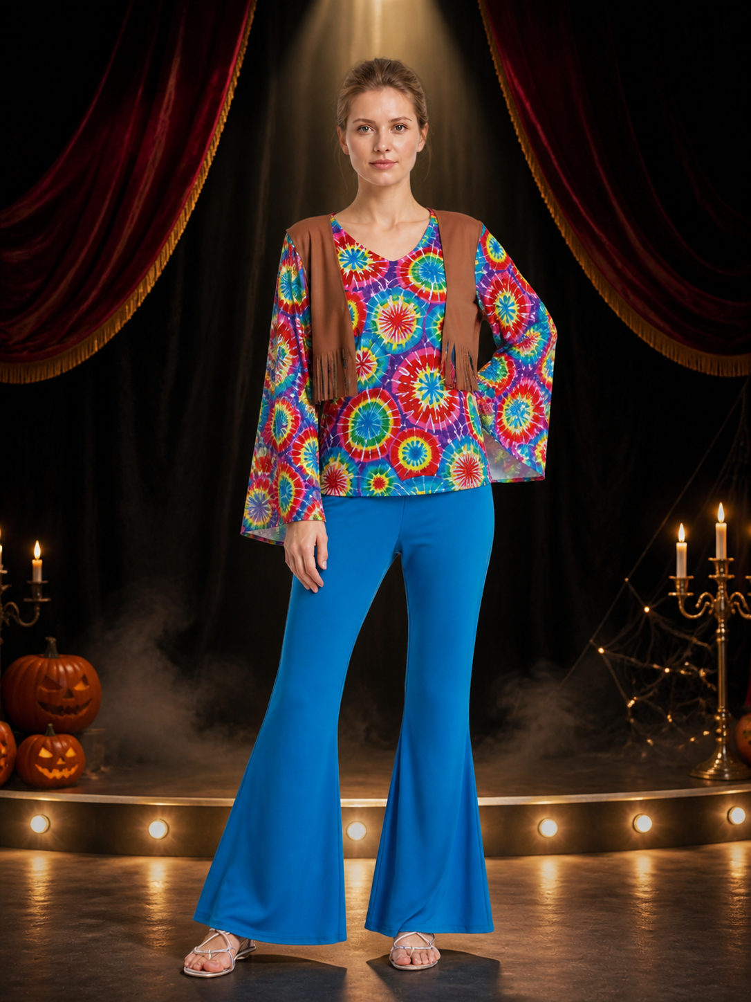 Retro Hippie Tie-Dye Fringe Two-Piece Costume Set With Bell-Bottom Pants Costumes detail 3