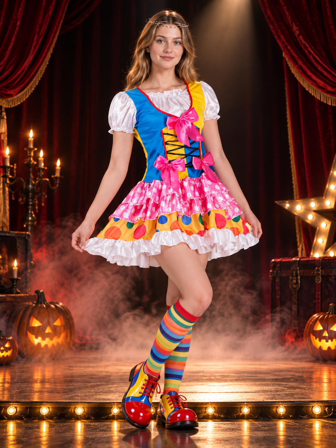 Clown Costume: Multicolored Dress with Bows and Ruffles
