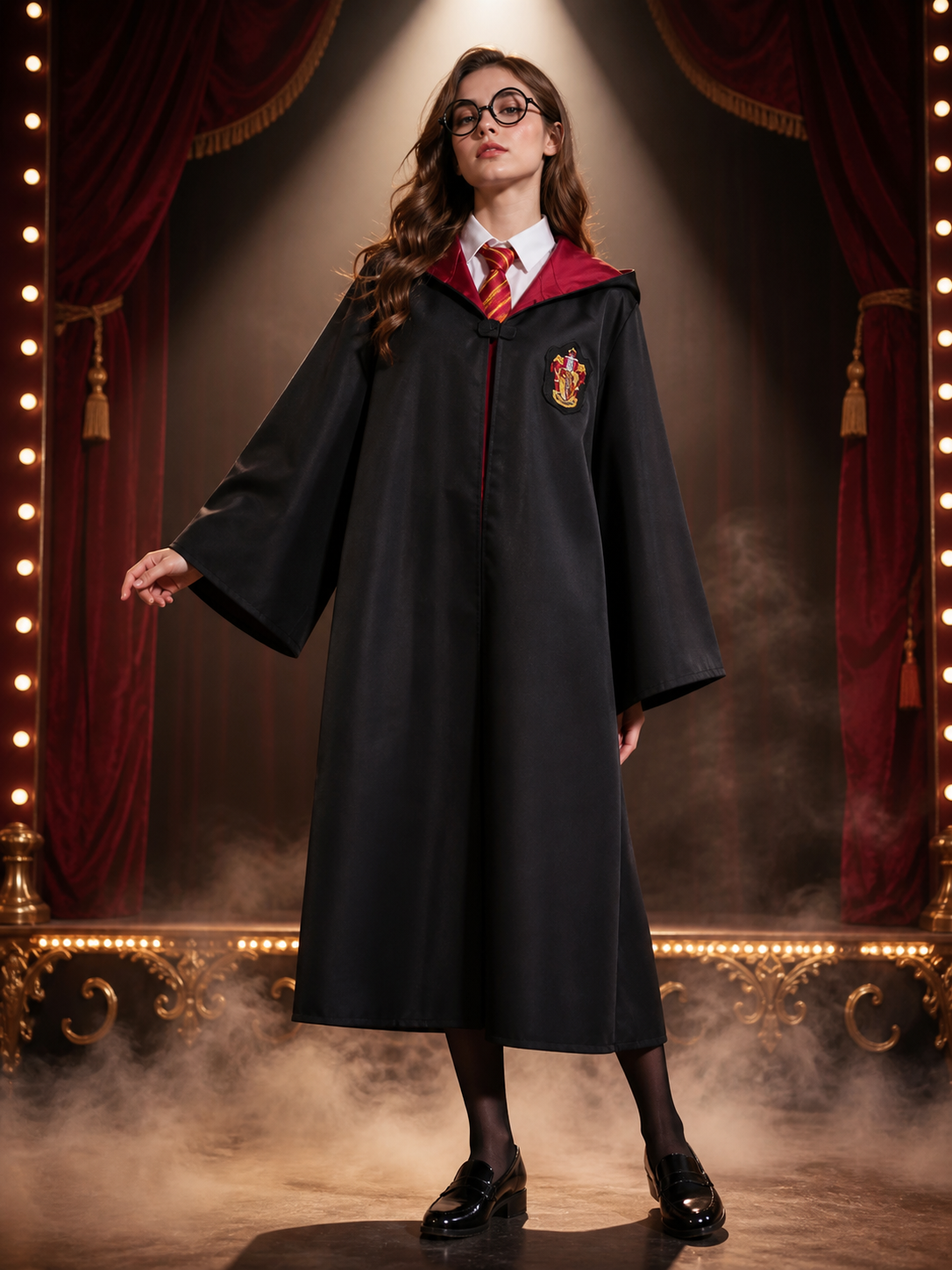 Harry Potter Gryffindor Robe Costume Set With Hat, Tie, Scarf, Wand & Glasses Costume Headwear detail 3