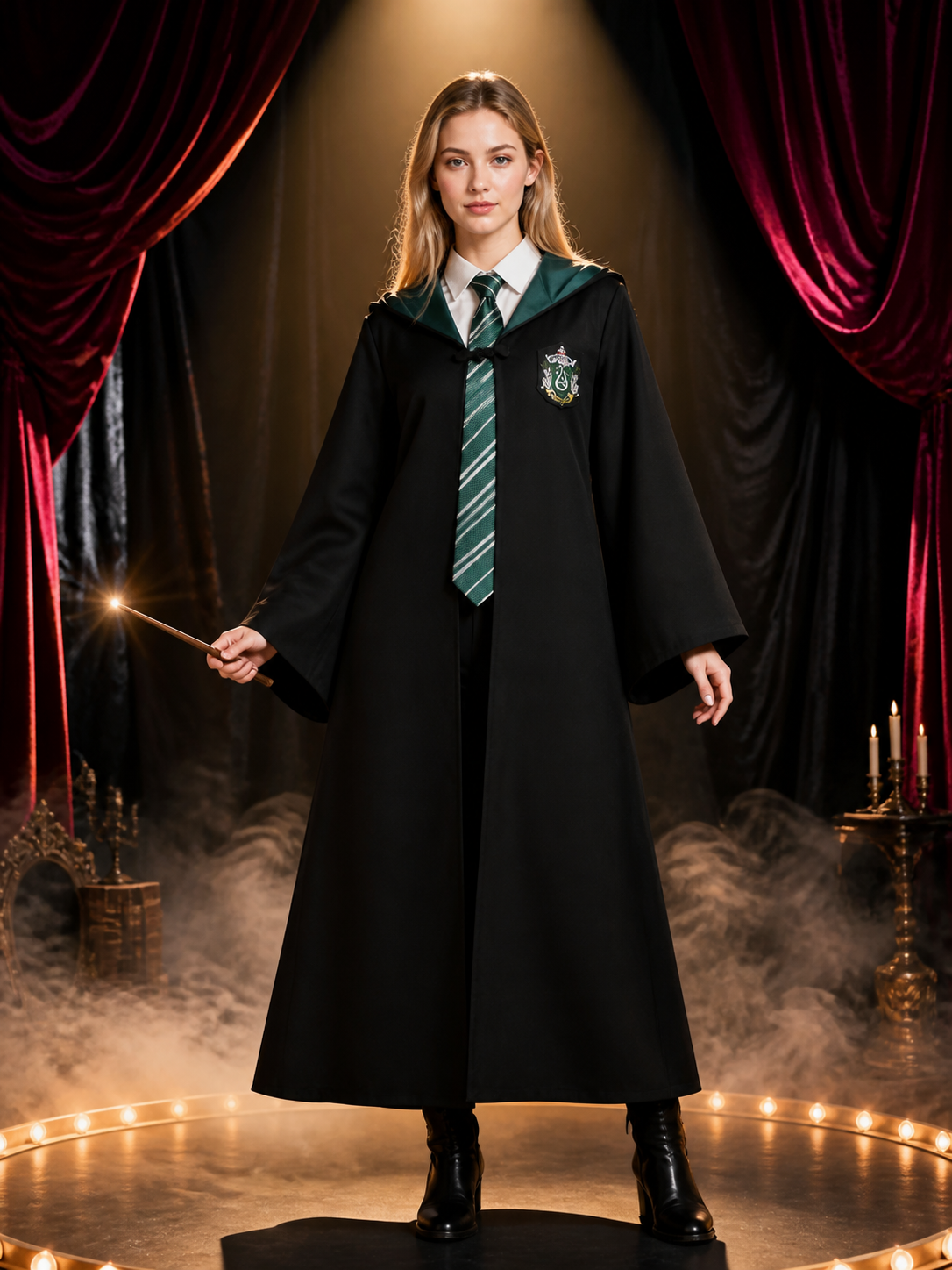 Men Women Kids Black Hooded Wizard Robe Costume Set With Dark Green & White Costumes detail 3