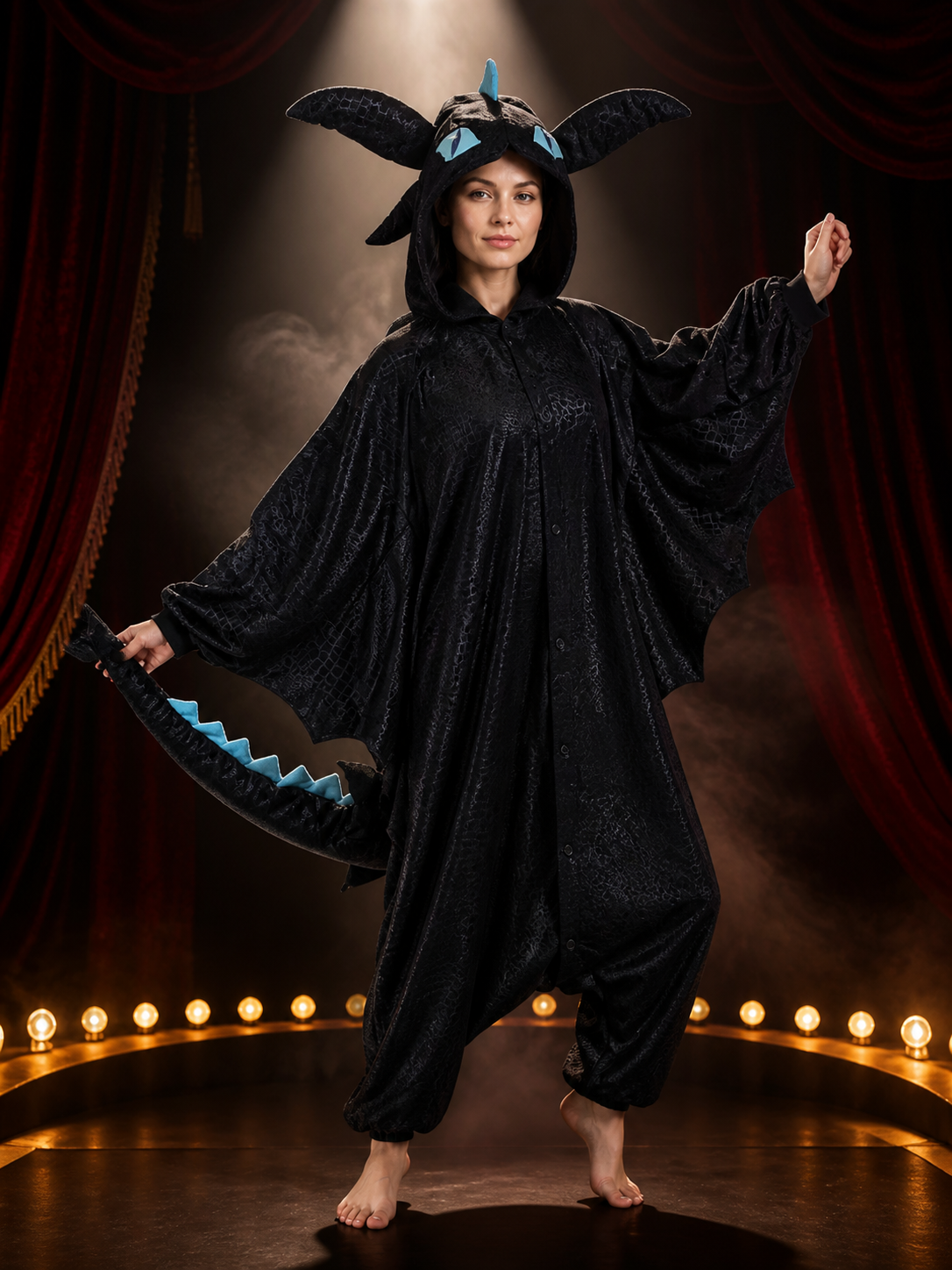 Dragon Hooded Jumpsuit Costume, Black with Blue Accents, Long Tail and Costumes detail 3