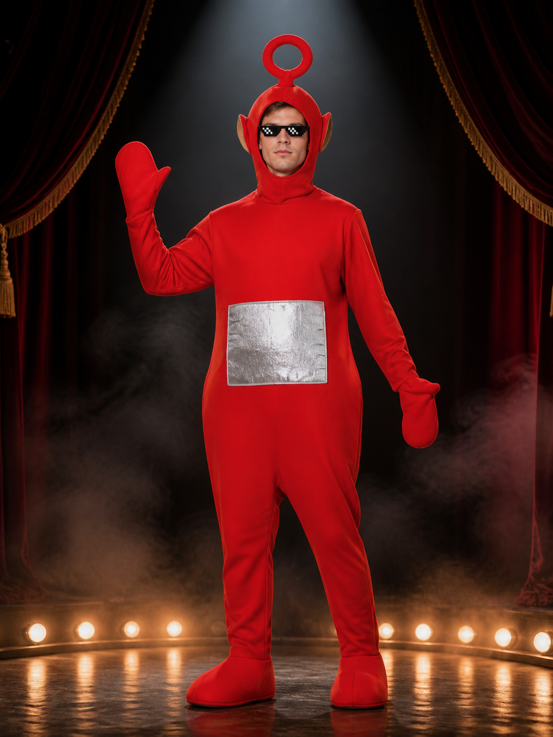 Adult Teletubbies Po Costume, Red Hooded Footed Jumpsuit with Ring Antenna and Costumes detail 3