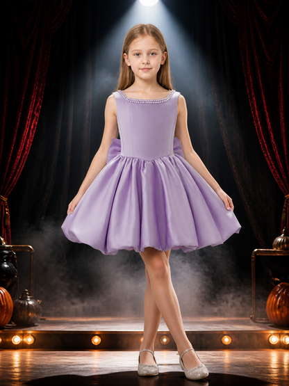 Girls' Light Purple Flower Girl Princess Dress, Sleeveless Pearl-Beaded A-Line Costume Dresses detail 3