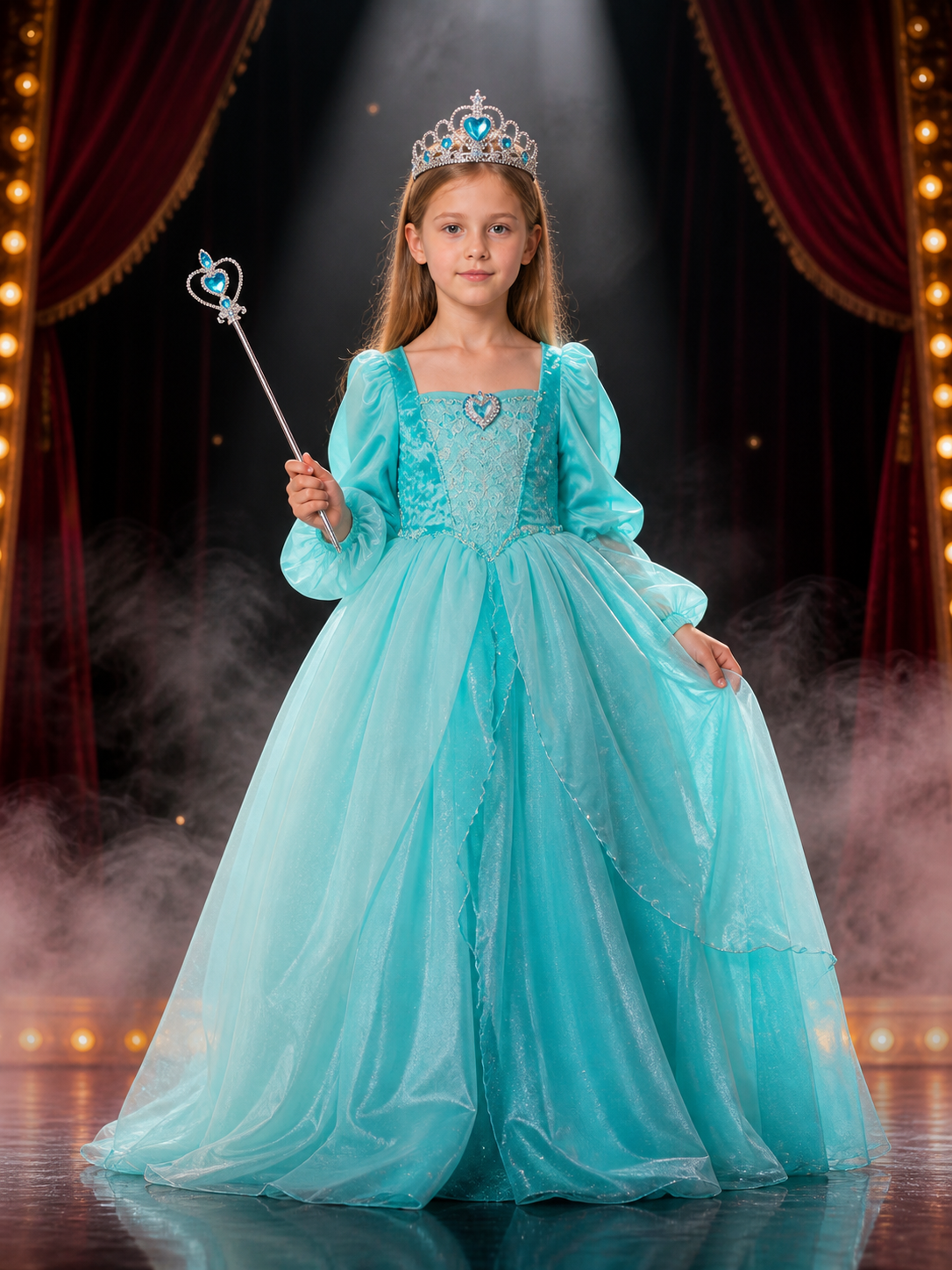 Girls Ariel Princess Costume Dress with Crown and Wand, Layered Tulle Sea Green Costume Dresses detail 3