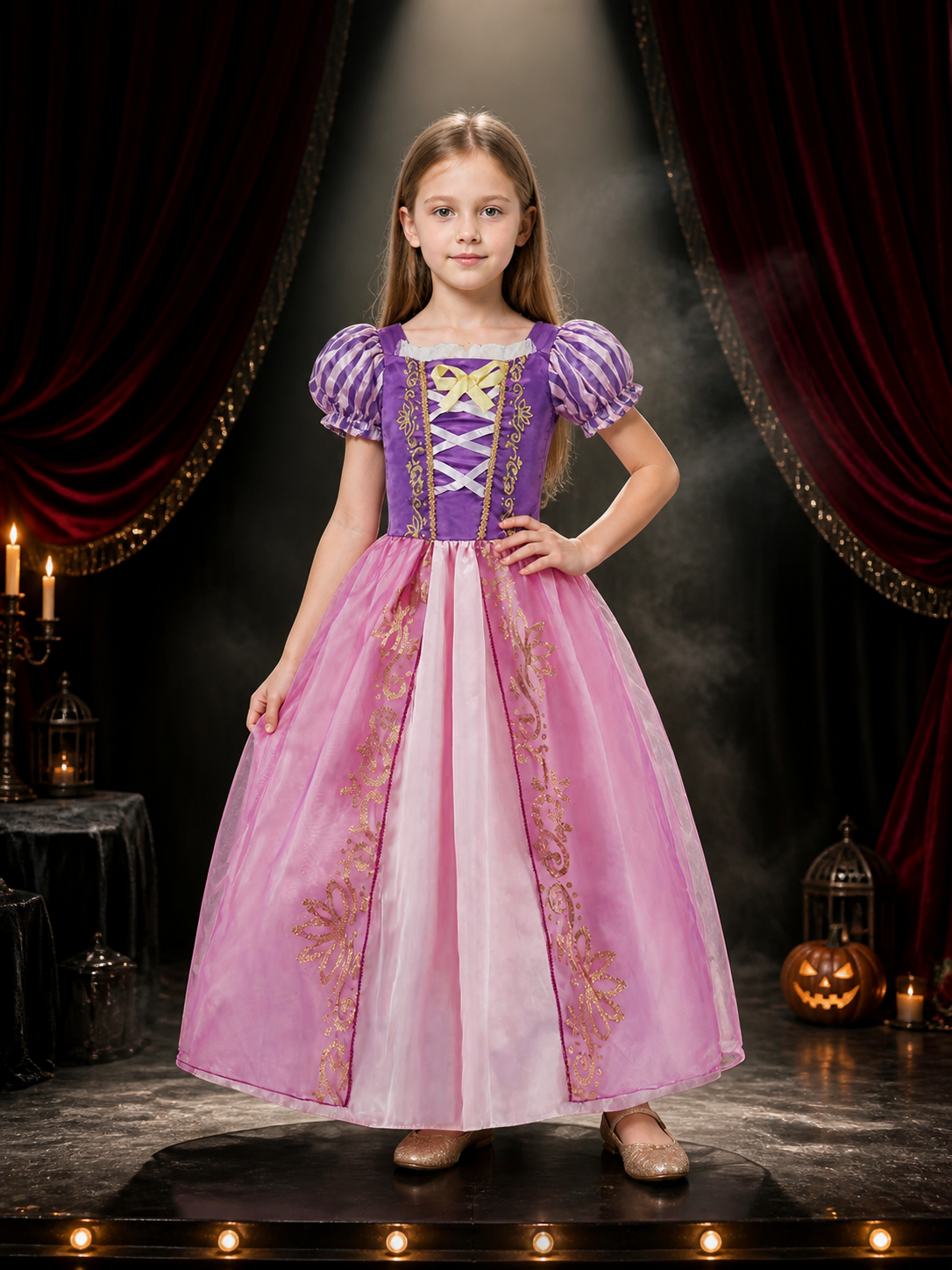 Kids Princess Costume Dress, Purple and Pink Puffed Sleeve Halloween Outfit Costume Dresses detail 3