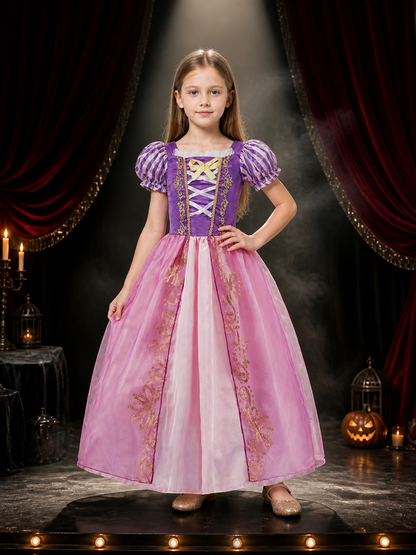 Kids Princess Costume Dress, Purple and Pink Puffed Sleeve Halloween Outfit Costume Dresses detail 3