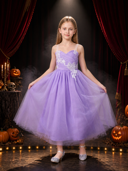Girls' Light Purple Princess Dress, Layered Tulle Lace Bow Formal Gown Costume Dresses detail 3