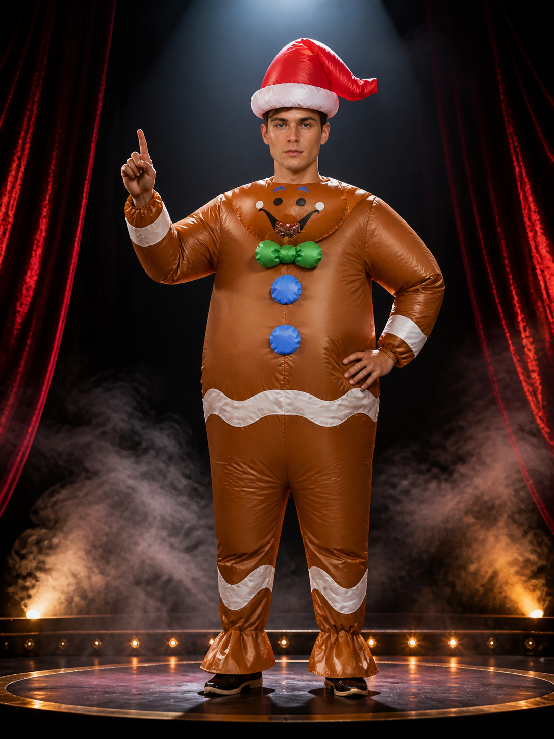 Gingerbread Man Inflatable Costume, Red Hat and Green Bow Tie, White Trim Costume Headwear detail 3