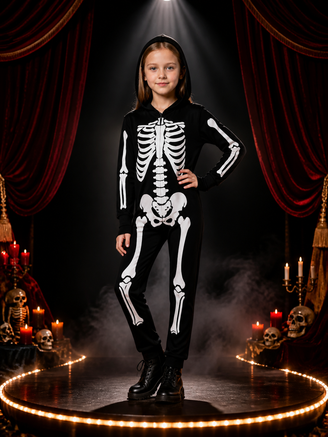 Glow In The Dark Skeleton Bodysuit Costume, Fluorescent Green Bones, Hooded Full Costumes detail 3