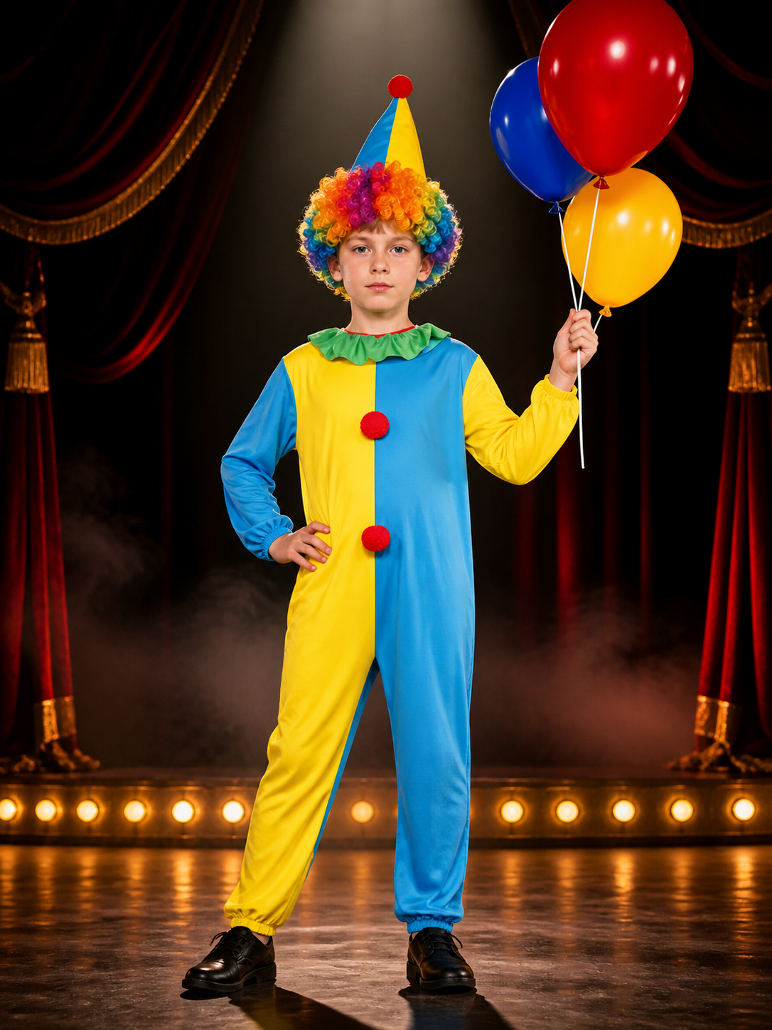 Boys' Colorful Clown Costume Set with Jumpsuit and Cone Hat, Carnival Dress-Up Costume Dresses detail 3