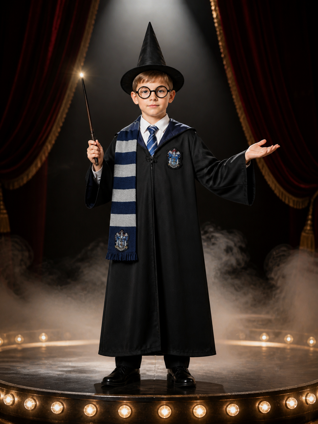 Blue And Silver Wizard Robe Costume Set With Hat, Glasses, Scarf And Tie Costume Headwear detail 3