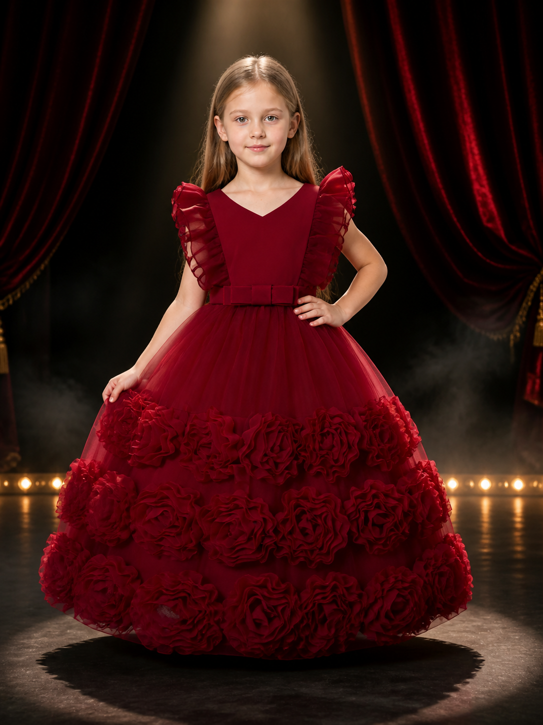 Toddler Girls' Maroon Princess Dress with Tulle Skirt, Rose Details and Bow Belt Costume Dresses detail 3