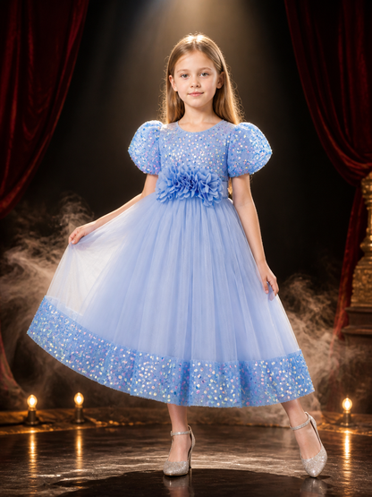Baby Girls' Sky Blue Princess Dress, Sequined 3D Flower Puff Sleeve Tulle Gown Costume Dresses detail 3