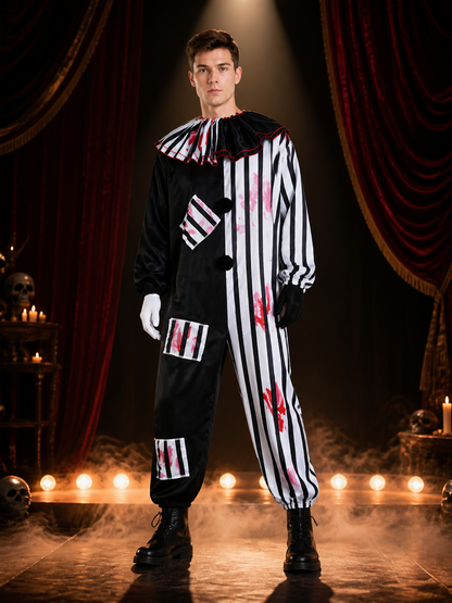 Horror Clown Jumpsuit Costume, Ruffled Collar, Striped Splatter Print Costumes detail 3