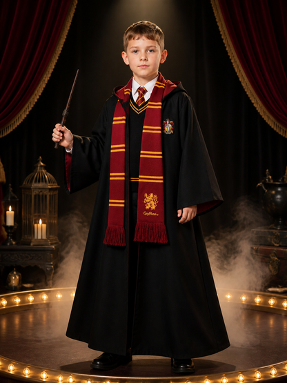 Hooded Wizard Robe Costume Set With School Crest, Tie, Scarf, Vest And Wand Costume Accessories detail 3