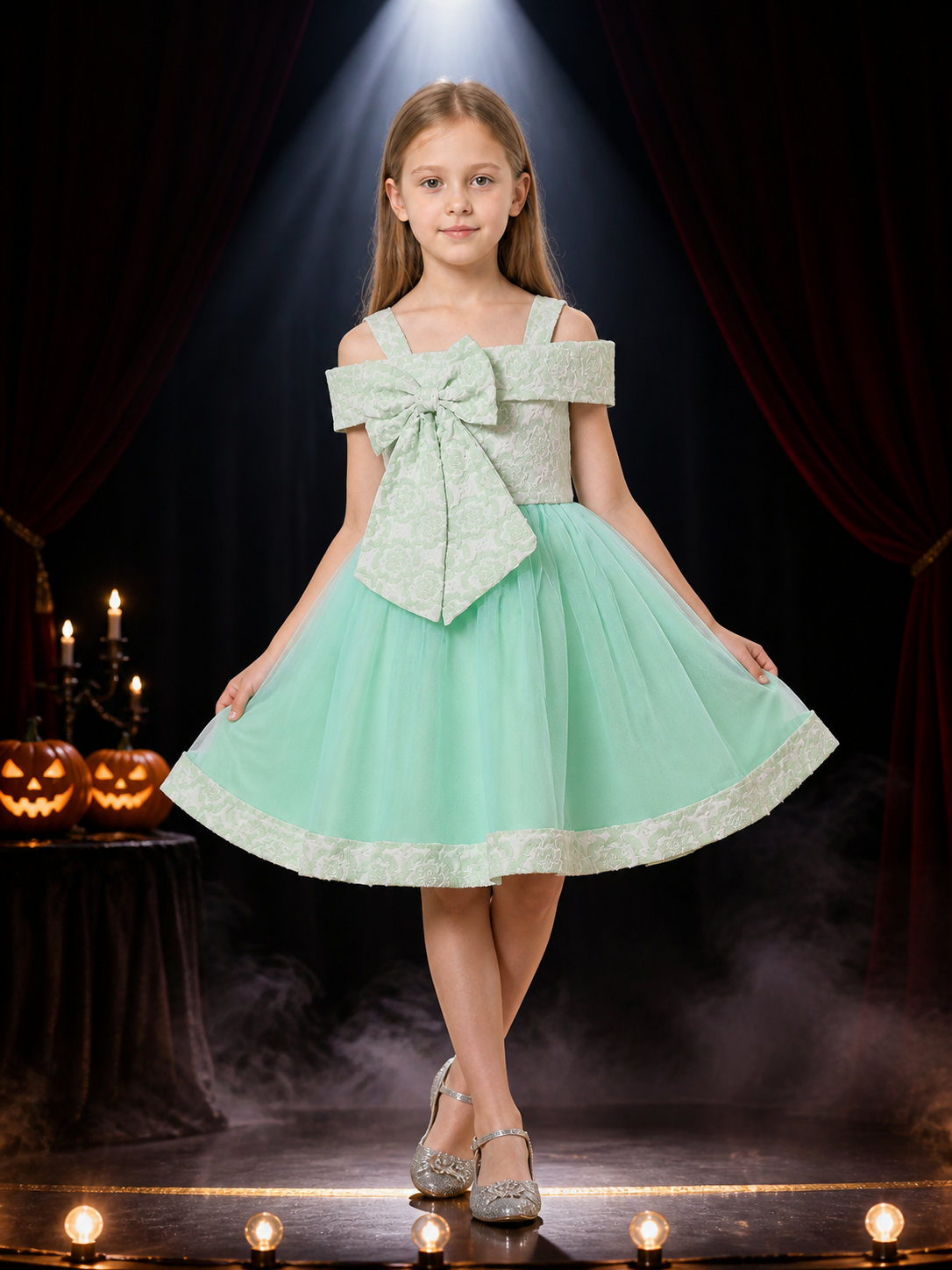 Girls' Mint Green Princess Dress with Large Bow and Jacquard Tulle Skirt Costume Dresses detail 3