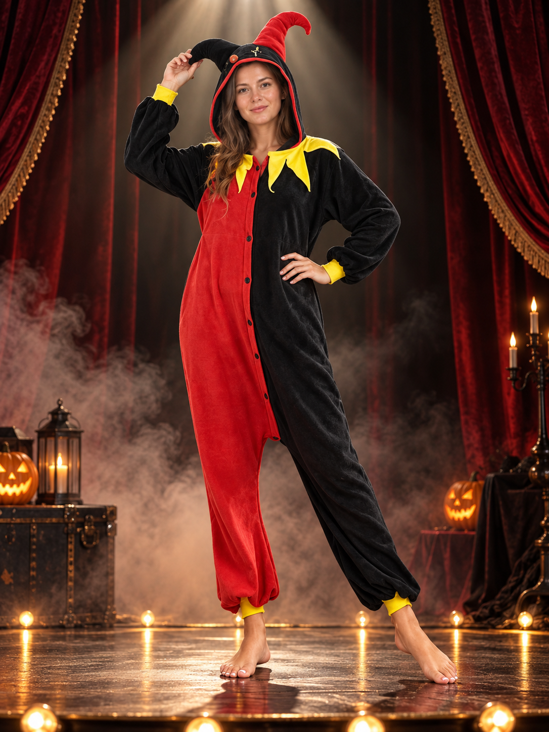 Red and black jester costume with yellow collar