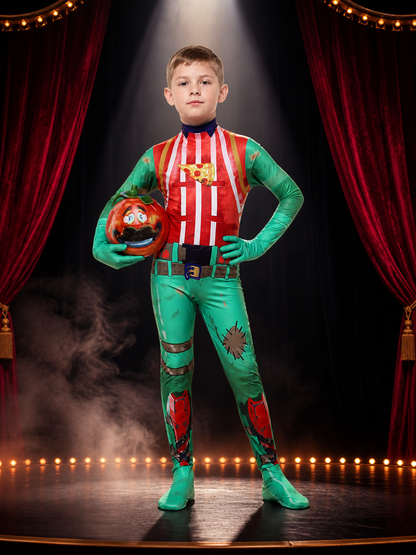 Tomato Striped Onesie Costume with Headpiece and Pizza Print on-model stage scene view