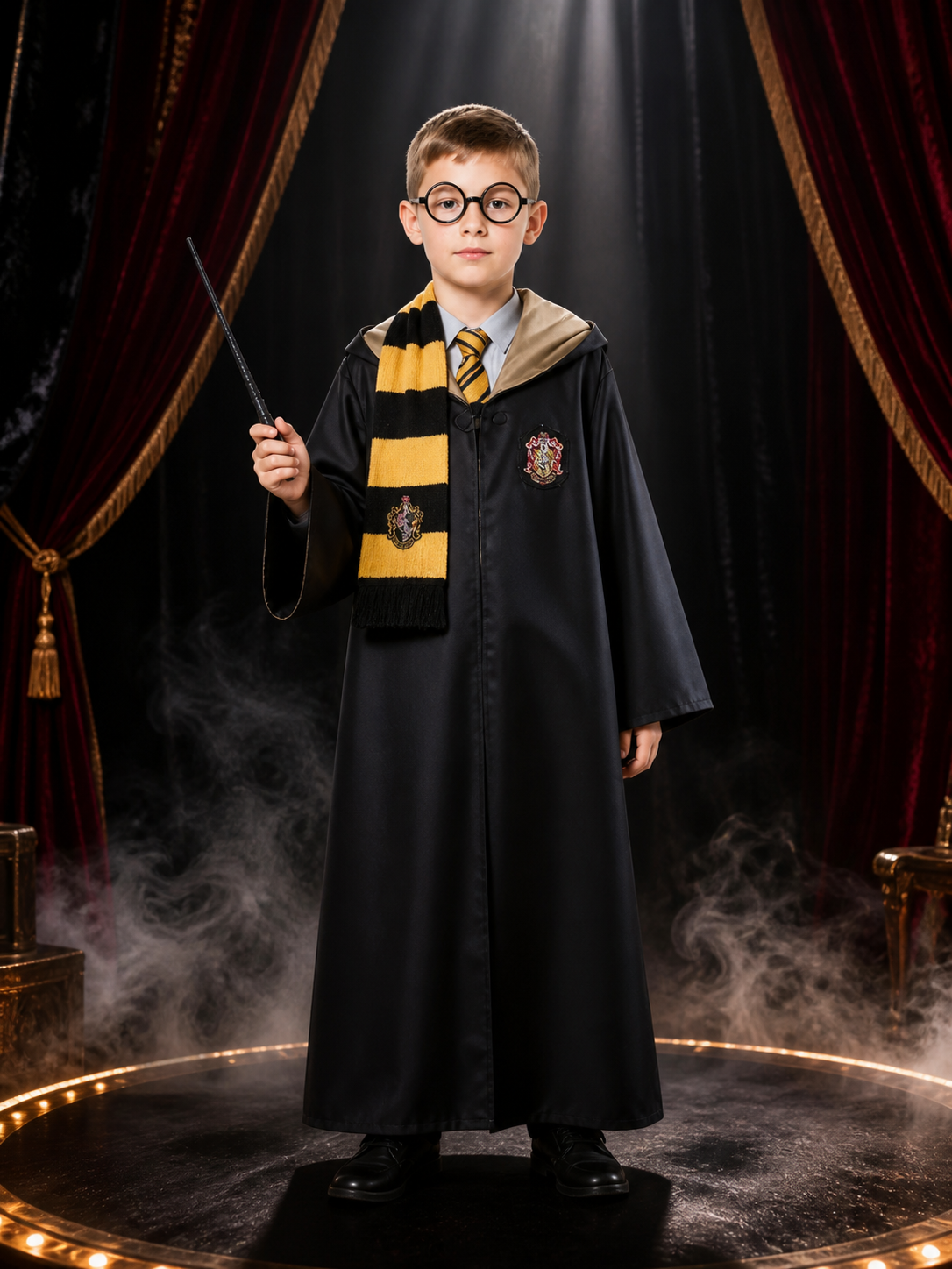 Hufflepuff Wizard Costume Set, Hooded Robe With Striped Scarf, Tie, Glasses & Costumes detail 3