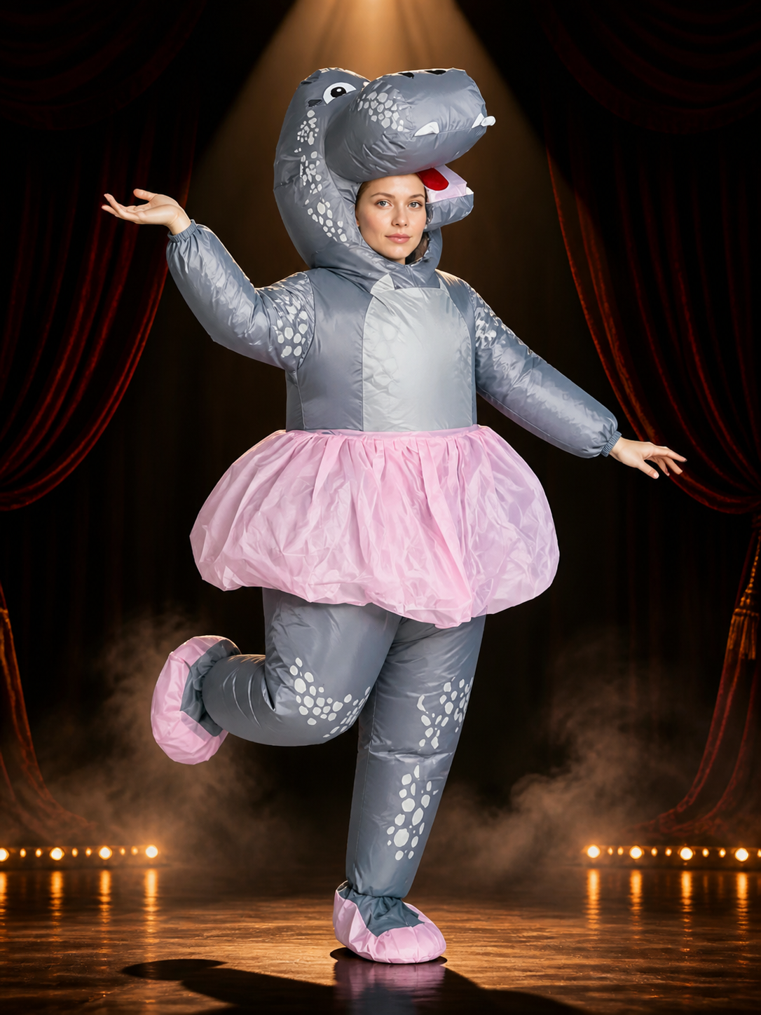 Dinosaur Inflatable Costume with Pink Skirt and White Spots, Funny Halloween Costumes detail 3
