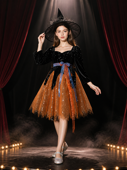 Witch Halloween Costume Set - Glitter Tulle Dress, Bow Belt & Pointed Hat Costume Dresses detail 3
