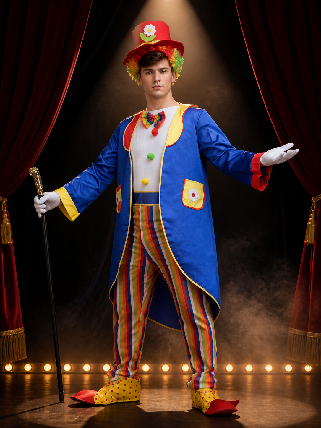 Adult Halloween Clown Circus Costume Set - Striped Jumpsuit, Jacket, Hat, Bow Costume Headwear detail 3