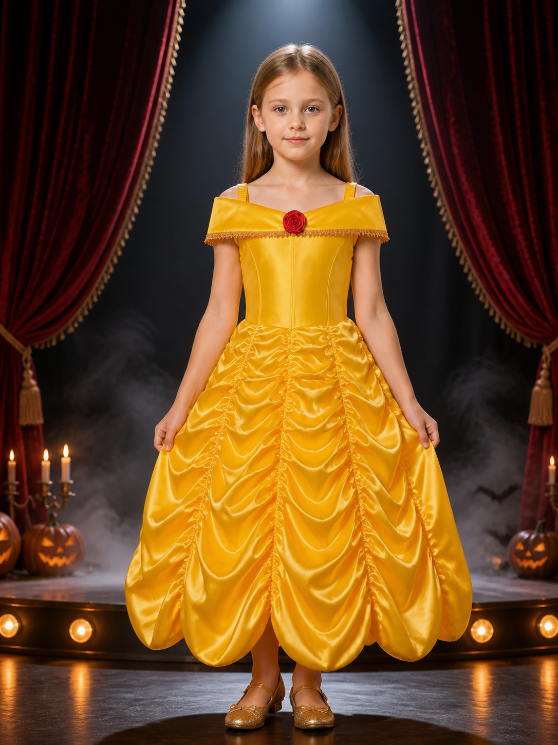 Girls Yellow Princess Dress Costume, Fluffy Ball Gown with Rose & Gold Trim Costume Dresses detail 3