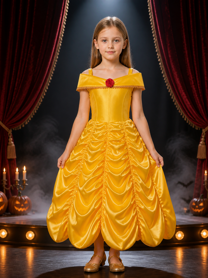 Girls Yellow Princess Dress Costume, Fluffy Ball Gown with Rose & Gold Trim Costume Dresses detail 3