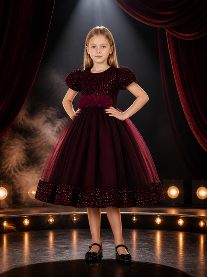 Girls' Burgundy Sequin Tulle Princess Ball Gown Dress With 3D Rose Flowers and Costume Dresses detail 3