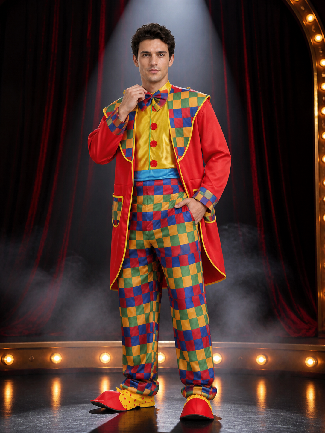 Unisex Jester Costume Set, Colorful Checkered Print with Bow Tie, Halloween Costume Accessories detail 3