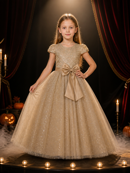 Girls' Champagne Princess Dress with Floral Lace, Bow and Sequin Tulle Skirt Costume Dresses detail 3