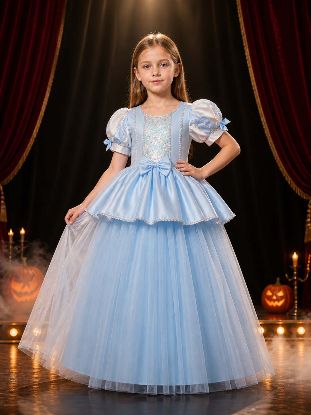 Girls' Cinderella Princess Dress, Sky Blue Sequined Tulle Long Dress, Sizes Costume Dresses detail 3