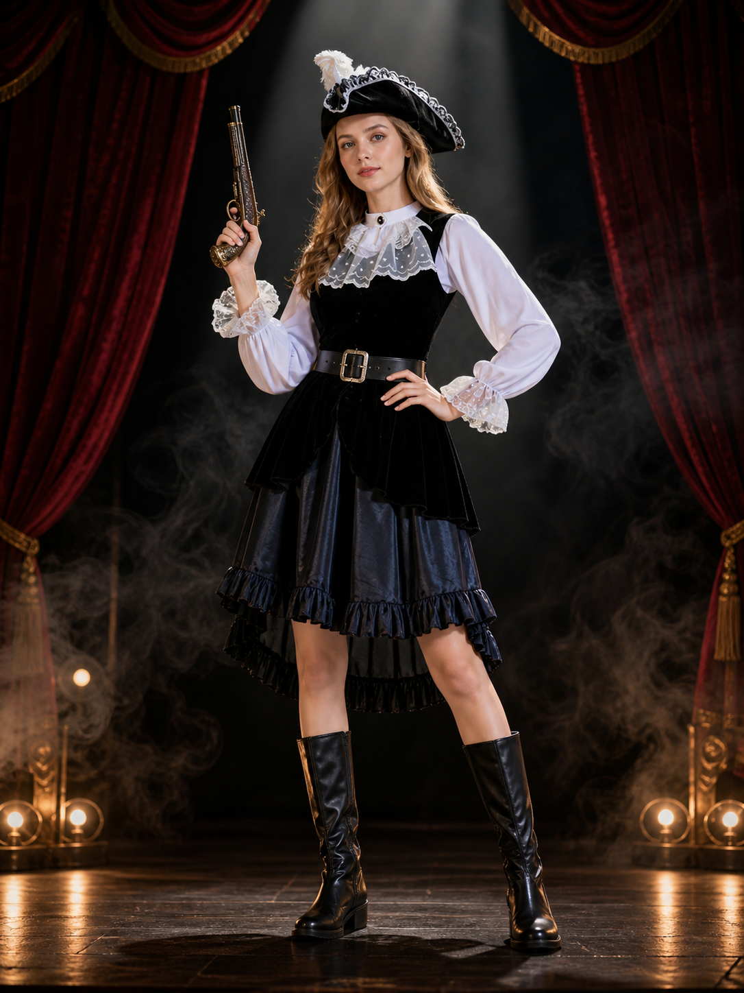 Black And White Pirate Costume Set With Lace Trim, Layered Skirt And Hat Costume Headwear detail 3