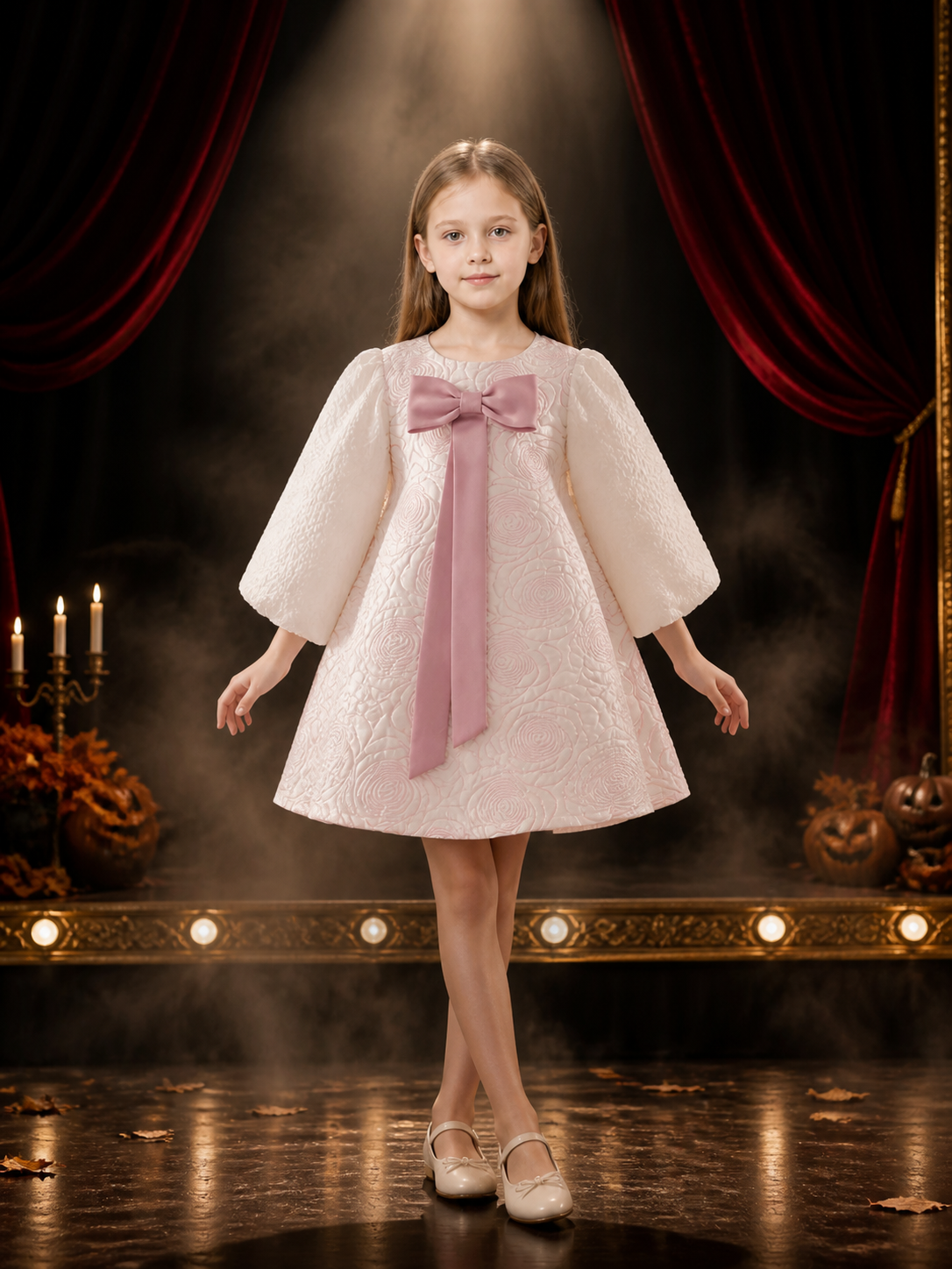 Girls' White Princess Dress with Pink Bow, Long Sleeve Rose Textured Toddler Costume Dresses detail 3